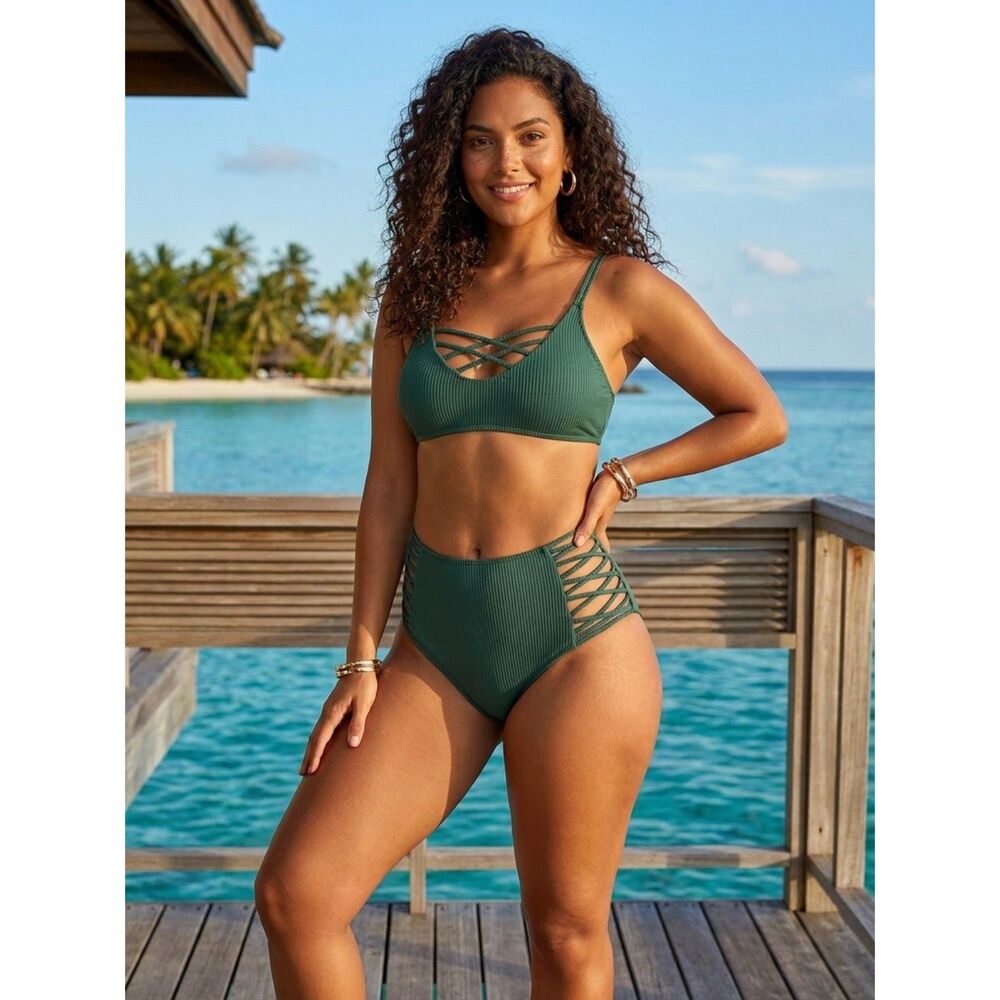 Forest Green Ribbed High-Waist Bikini Set
